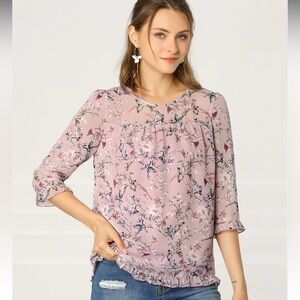 Casual Ruffle 3/4 Sleeve Floral Print Chiffon Blouse (Medium)